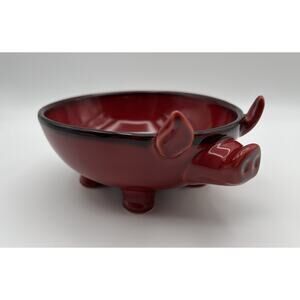 Napa Style Red Footed Ceramic Pig Cereal Bowl Candy Dish 5.5” x 6.5”